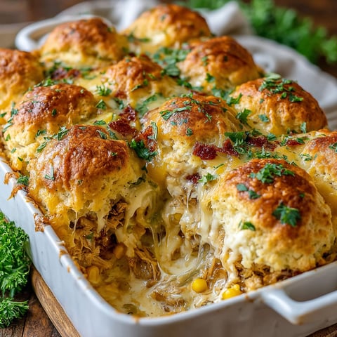 A baked dish with chicken and biscuits.