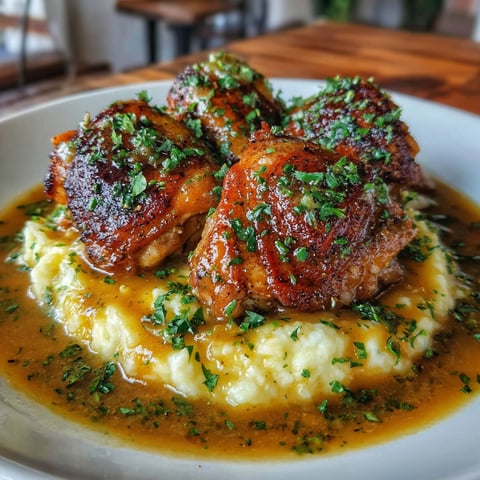 A plate of smothered chicken thighs with gravy.