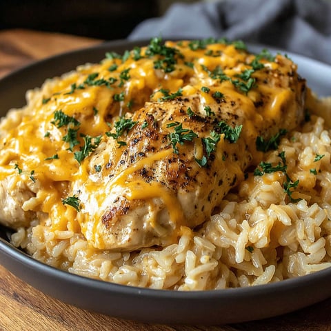 A plate of rice and chicken with cheese on top.
