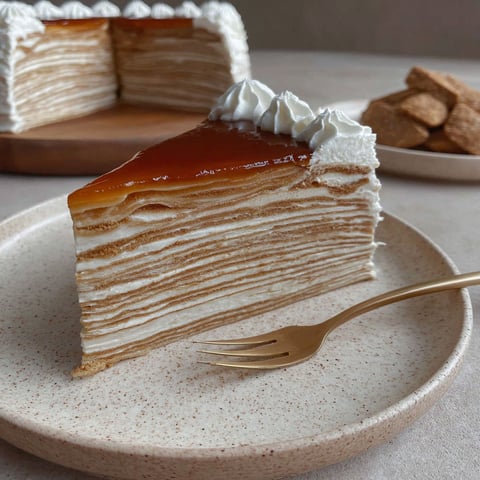 A slice of Vanilla & Speculoos Crêpe Cake.
