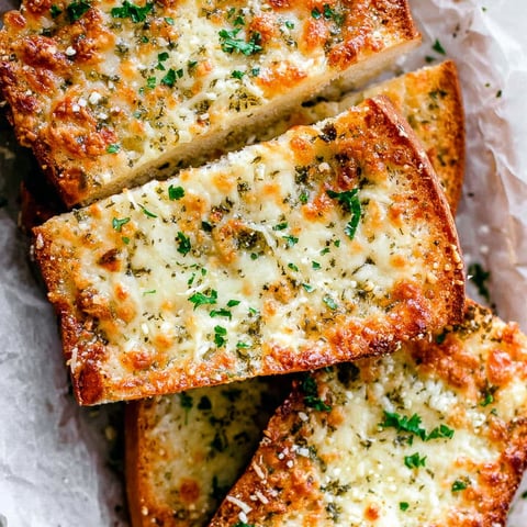 Slices of garlic bread with cheese on a plate.