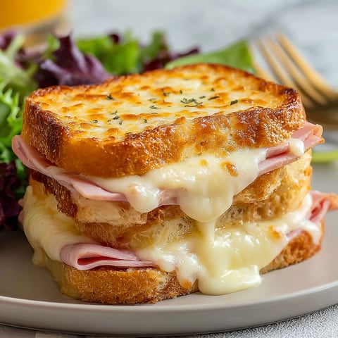 A croque monsieur sandwich with cheese and ham.