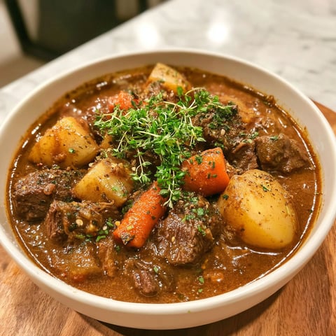 A bowl of beef stew with carrots and potatoes.