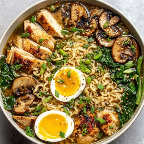 A bowl of homemade ramen with chicken, mushrooms, and eggs.