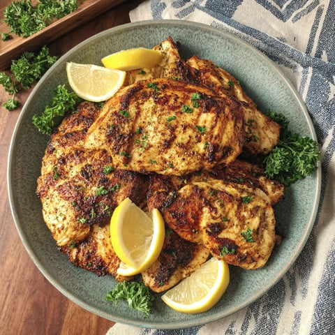 A plate of marinated chicken with lemon wedges on top.