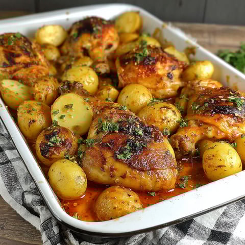 A pan of chicken and potatoes.