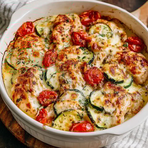 A delicious Mediterranean Chicken Zucchini Bake.