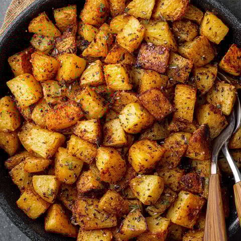 A pan of crispy breakfast potatoes.