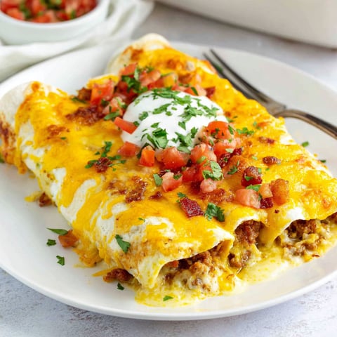 A plate of breakfast enchiladas with tomatoes and cheese.