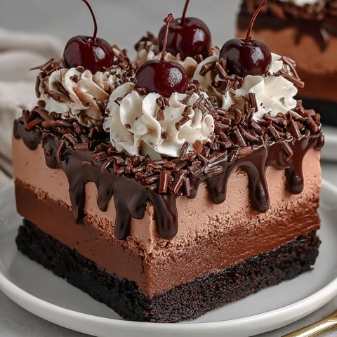 A chocolate mousse brownies dessert with cherries on top.