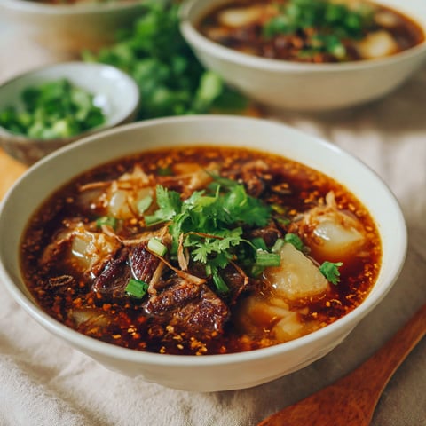 A bowl of soup with meat and vegetables.