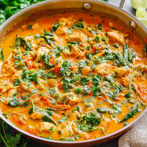 A pan of Thai chicken coconut curry.
