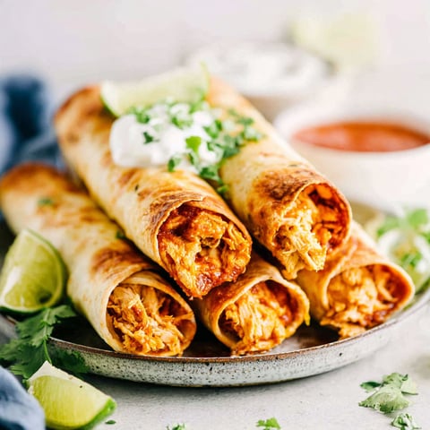 A plate of baked cream cheese chicken taquitos.