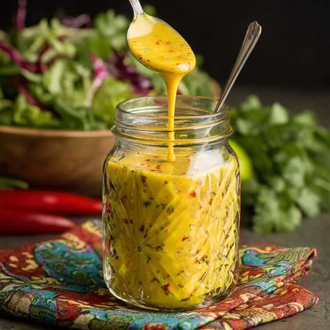 A jar of sweet and spicy mango salad dressing.