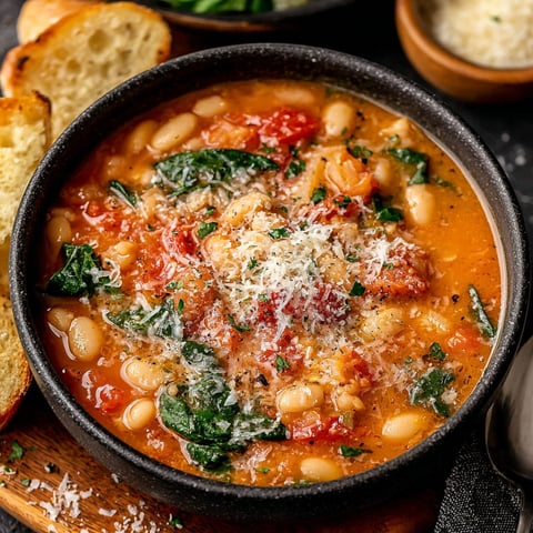 A bowl of soup with Parmesan cheese and tomatoes.