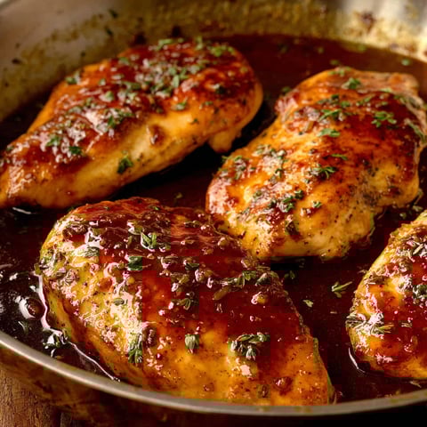 A pan of honey garlic chicken breasts.