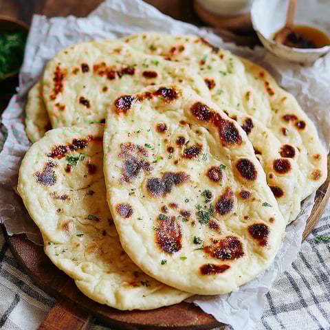 A stack of naan bread on a wooden board.