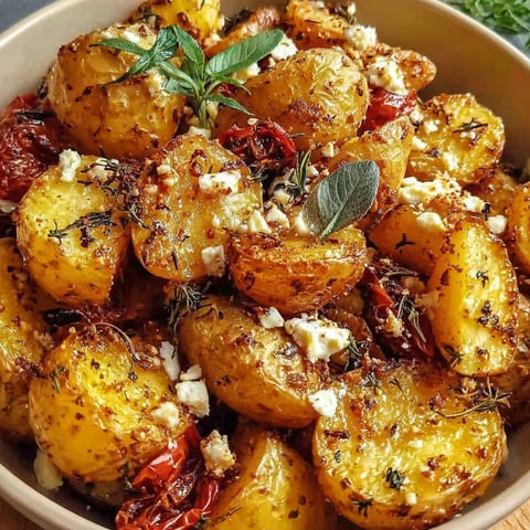 A bowl of baked potatoes with feta cheese and herbs.