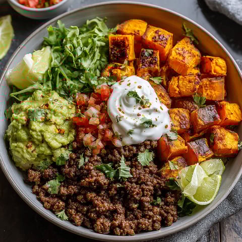 A bowl of food with sweet potatoes, lime, and guacamole.