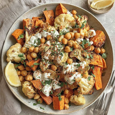 A glow bowl recipe with roasted vegetables and tahini yogurt sauce.