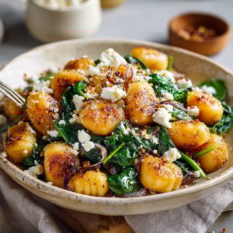 A bowl of crispy gnocchi with spinach and feta.