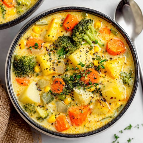 A bowl of soup with broccoli and carrots.