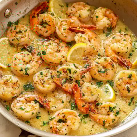 A pan of shrimp scampi with lemon and herbs.