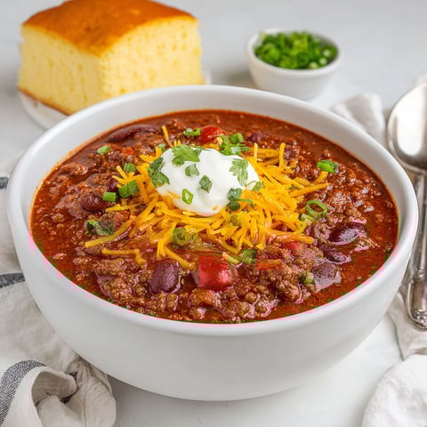 A bowl of chili with cheese and tomatoes.