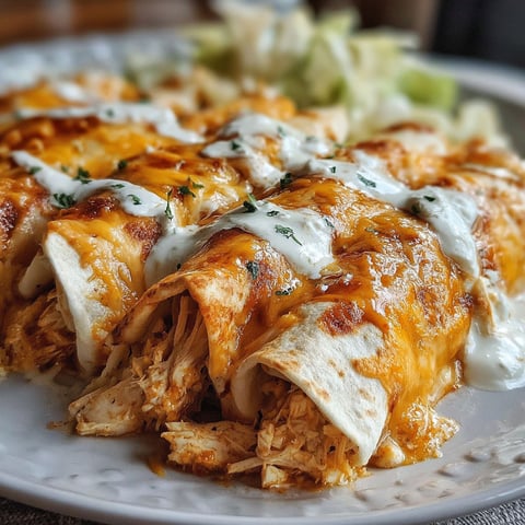 A plate of chicken enchiladas with white sauce.
