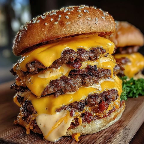A large burger with cheese and bacon.
