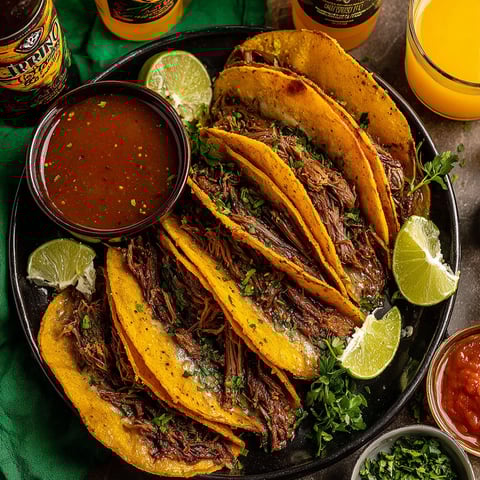 A plate of tacos with meat and a bowl of sauce.
