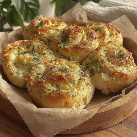 A plate of garlic rolls with cheese.