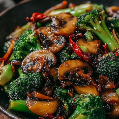 A bowl of stir fry with broccoli and mushrooms.