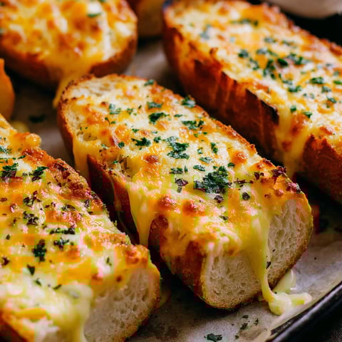 A tray of garlic bread with cheese.