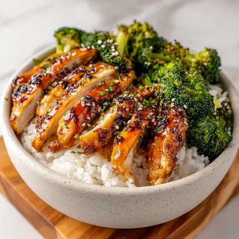 A bowl of rice and chicken with broccoli on top.