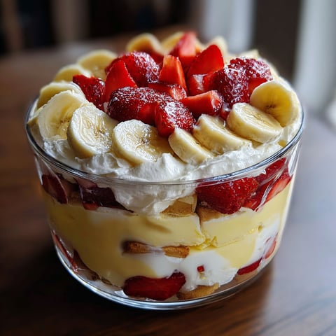 A glass bowl filled with strawberry banana pudding.