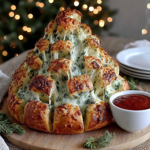 A cheesy bread tree is displayed on a wooden cutting board.
