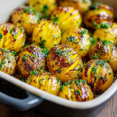 A bowl of roasted potatoes with herbs.