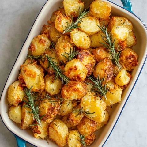 A dish of roasted potatoes with rosemary.