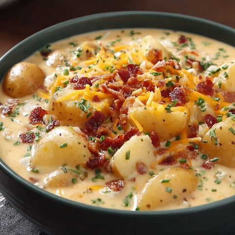 A bowl of soup with bacon and potatoes.