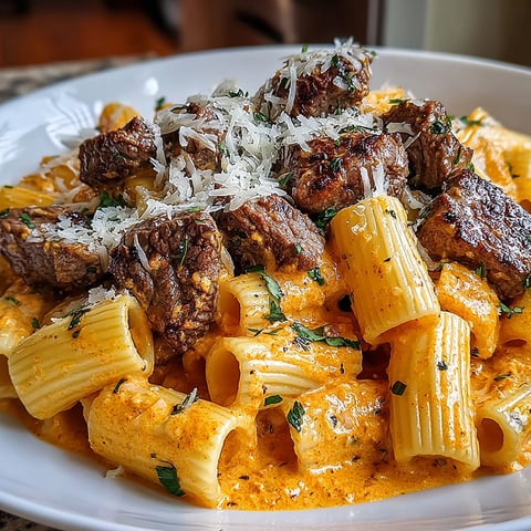 A plate of Cajun steak tips in cheesy rigatoni parmesan sauce.