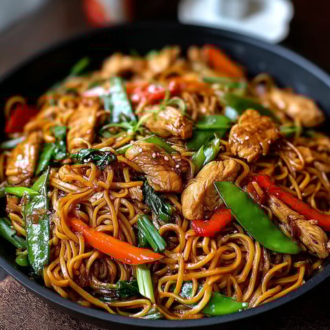A bowl of chicken lo mein with peppers and onions.
